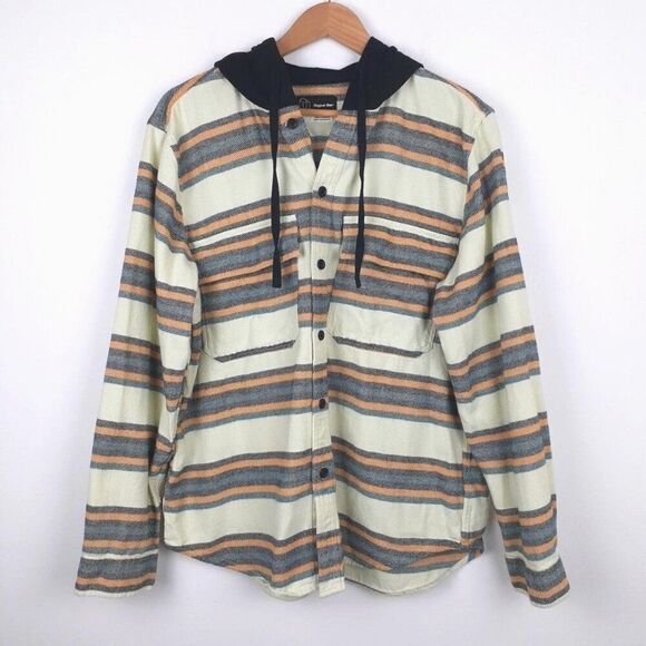 NWT ORIGINAL USE Hooded Jacket XS Button Long Sleeve Flannel Stripe Casual - Picture 1 of 6